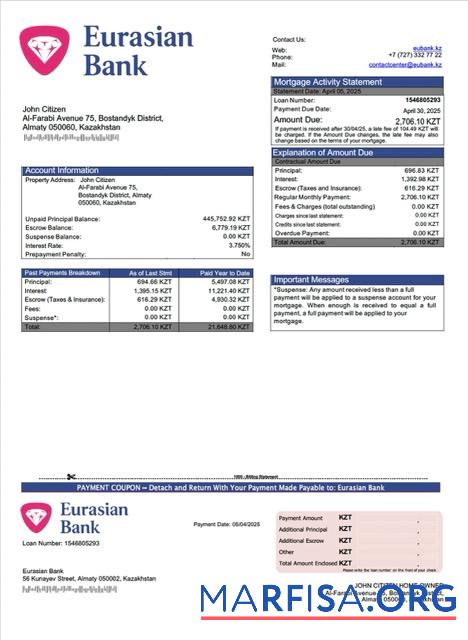 Blank Kazakhstan Eurasian Bank mortgage statement Word and PDF template